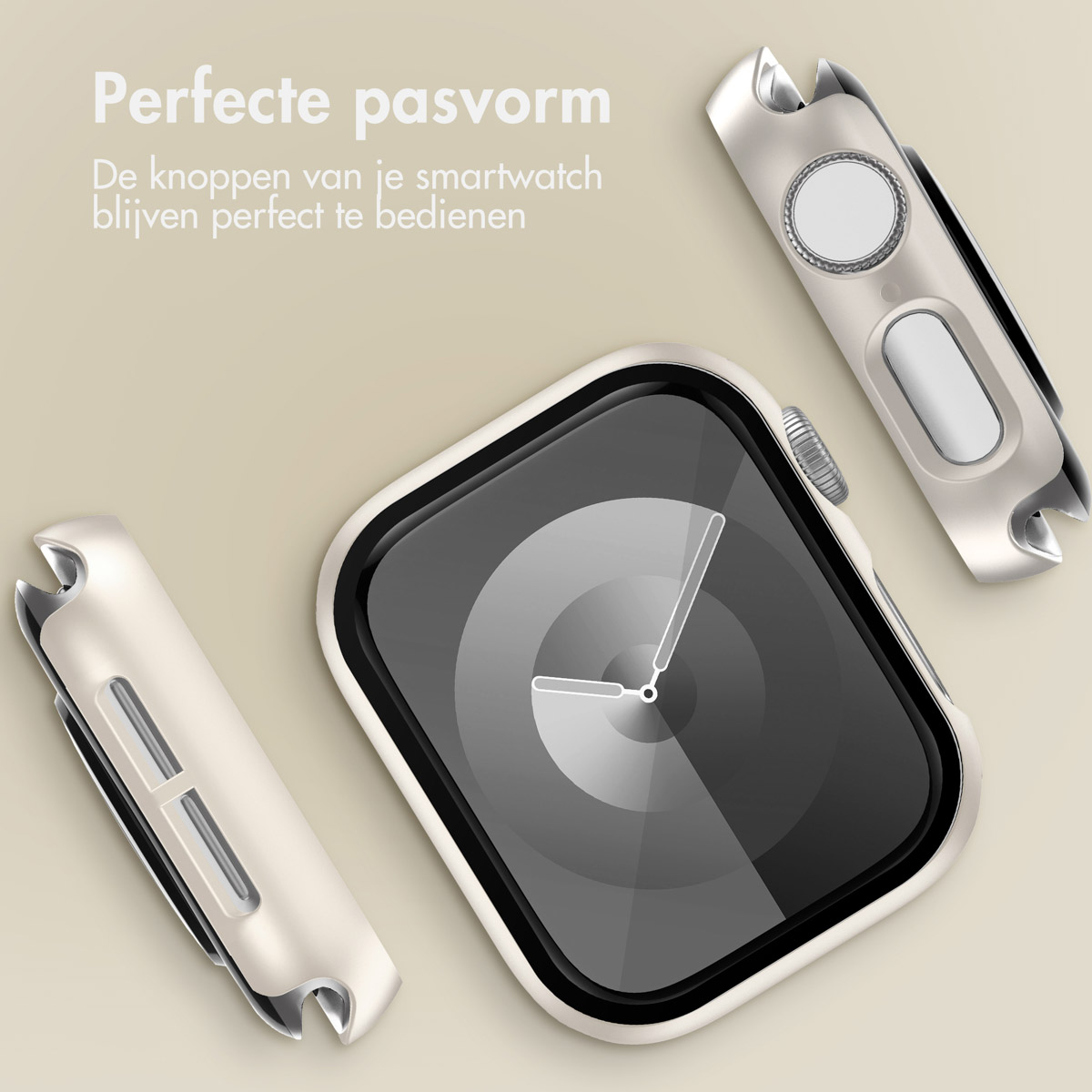Watch parts. The watch is silver, and the accessory is white. The watch shows the time. Beige background.