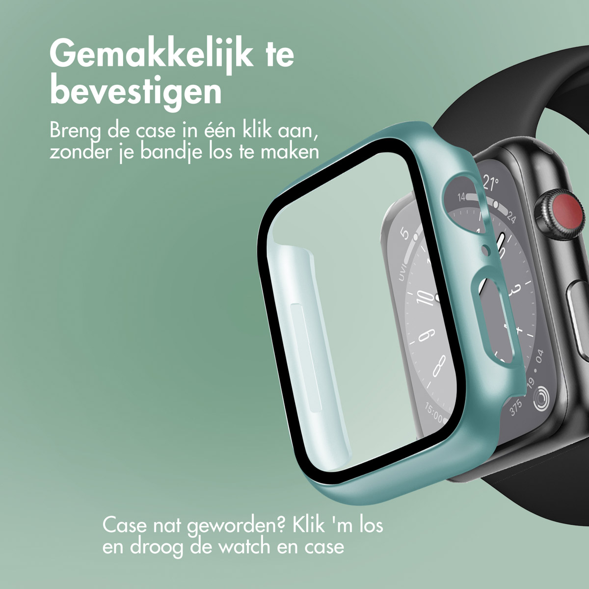 Apple Watch with a teal case, showing the screen and the band.
