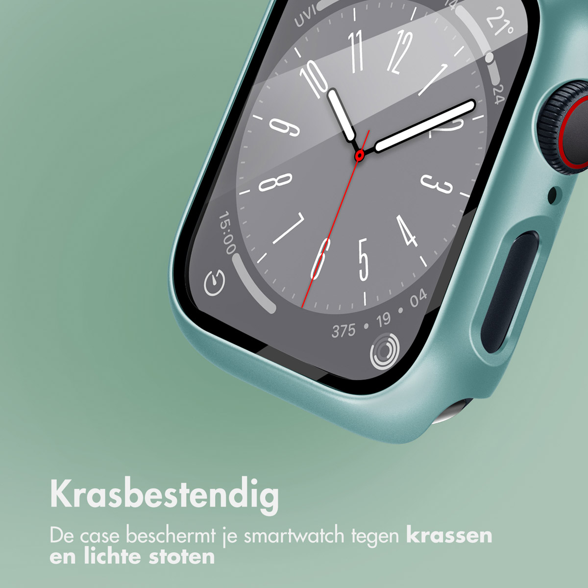 Teal Apple Watch with a protective case, and text about scratch resistance.