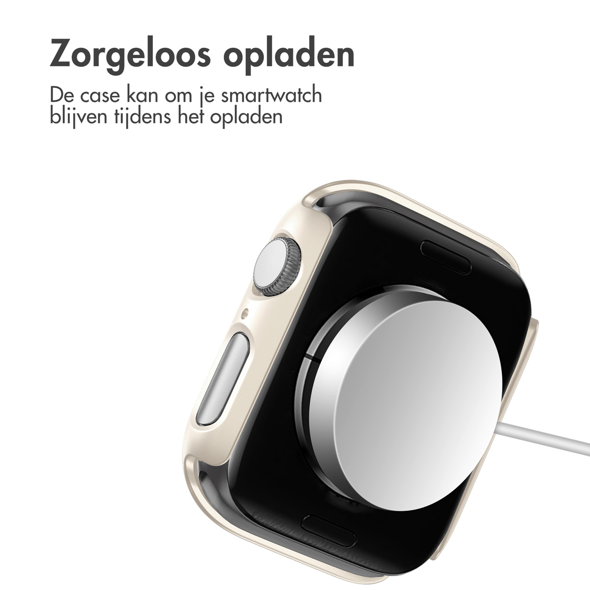 A smartwatch charging on a white charger in a beige case.