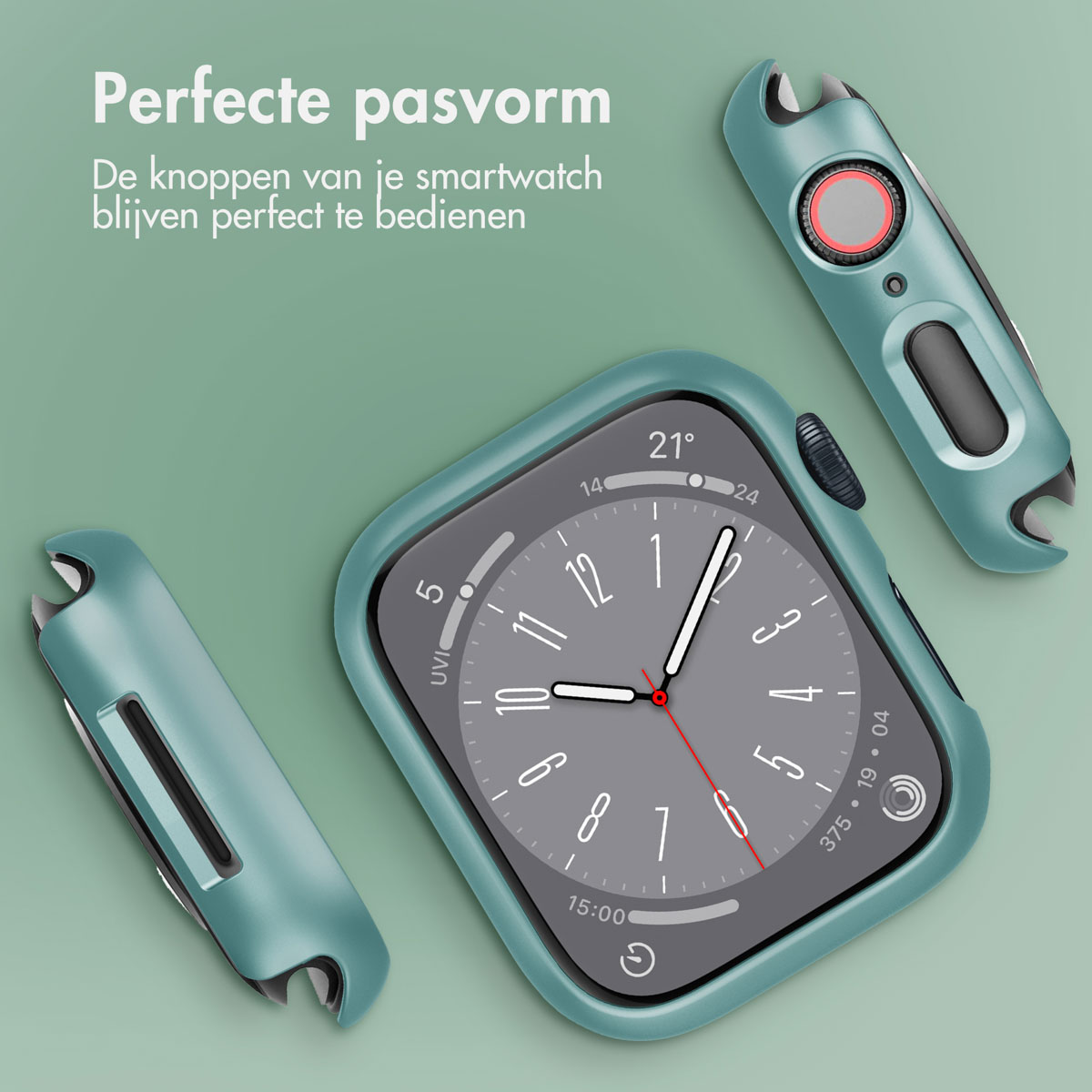 Smartwatch with teal case and two teal case parts, set against a green backdrop.