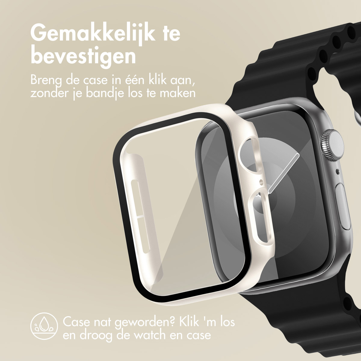 An Apple Watch with a protective case. Text overlays: 'Easy to attach', 'Case got wet?' and watch details.