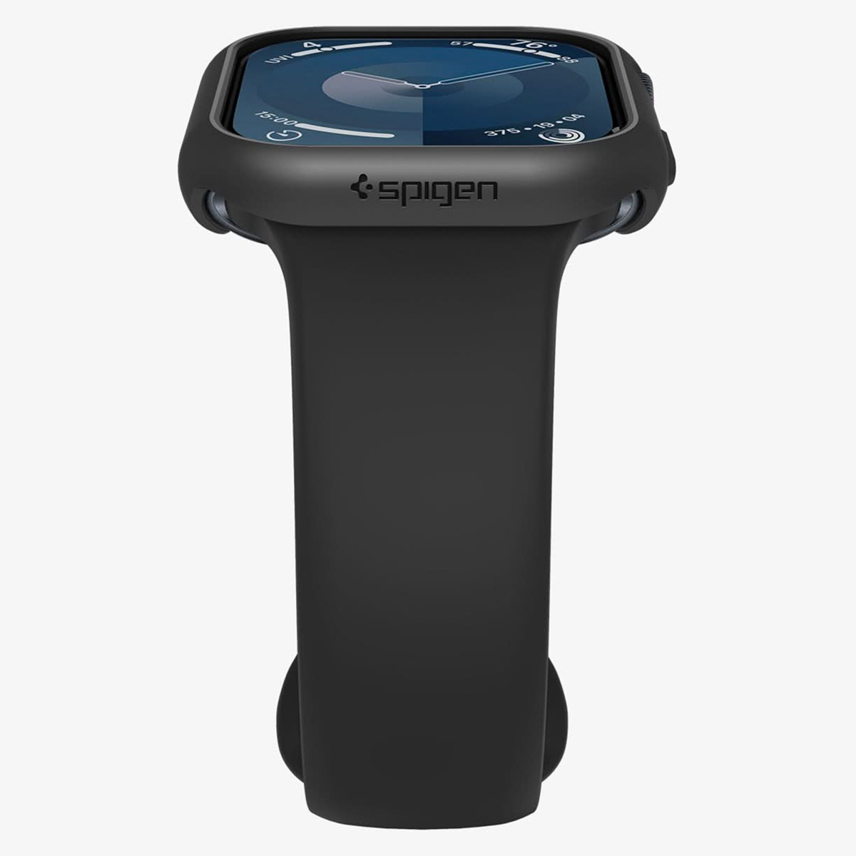 Czarny smartwatch z czarnym paskiem, widoczne logo. Tarcza zegarka jest włączona.