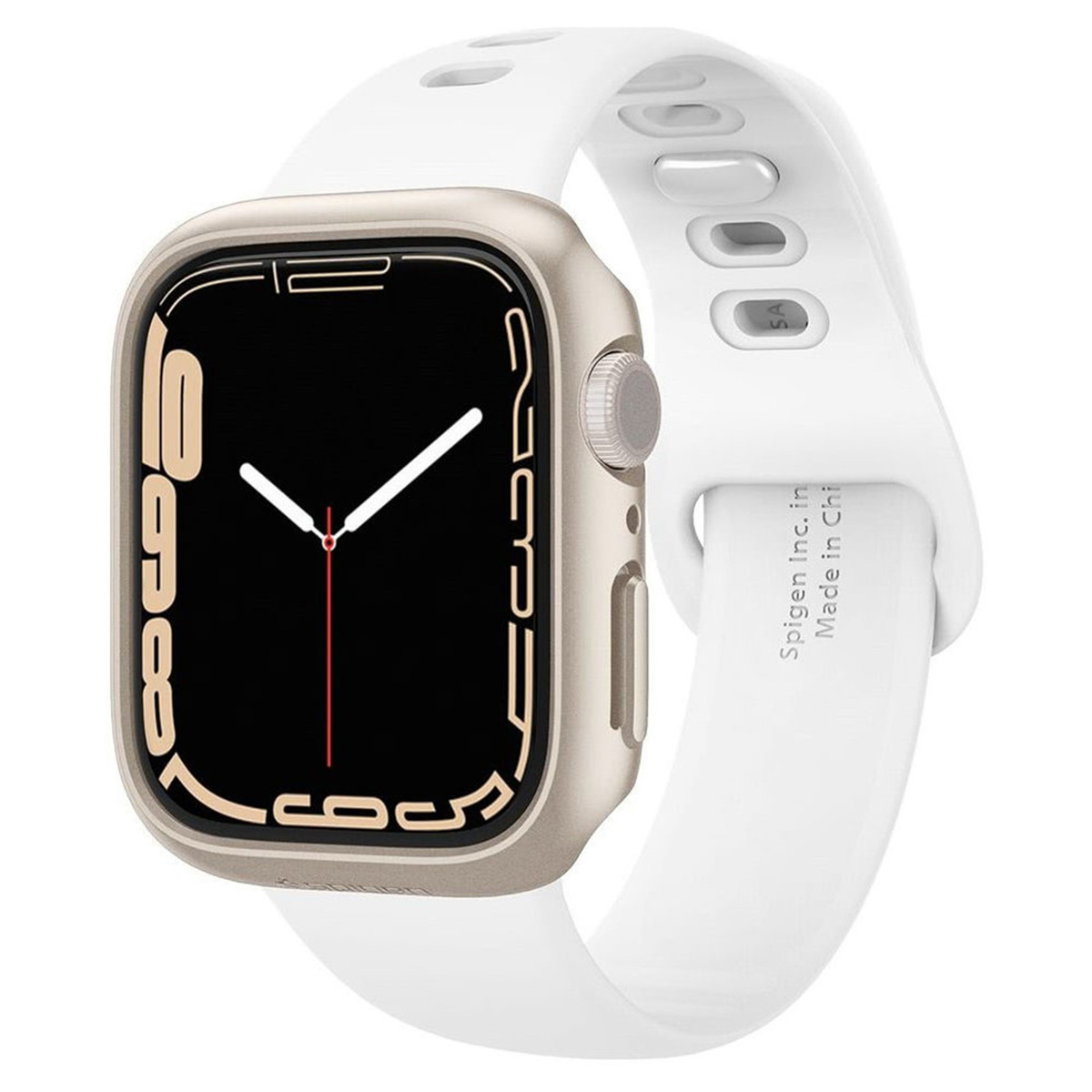 Close up of the watch with a white band. The watch has a gold colored body.