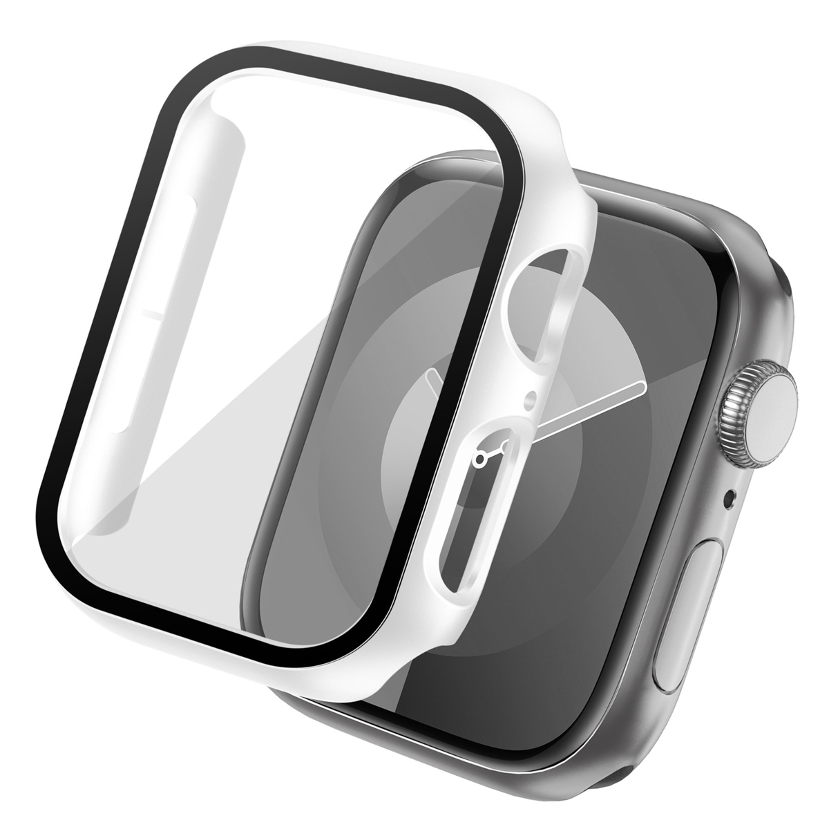 Apple Watch with a screen protector, white frame, clear screen, angled view.