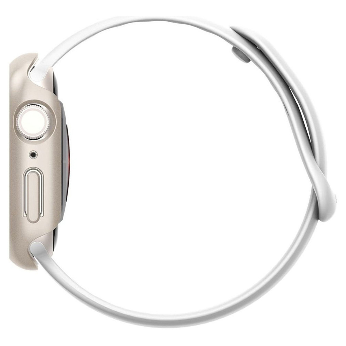 Side view of a watch with a white band. The watch is gold.