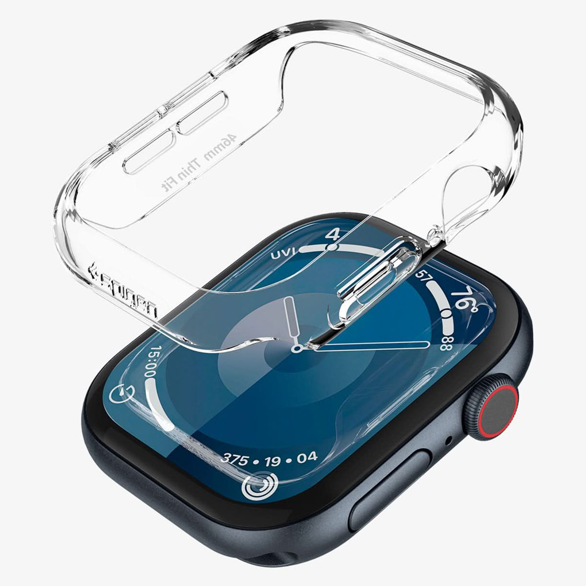 Smartwatch z przezroczystym etui ochronnym. Ekran pokazuje godzinę.