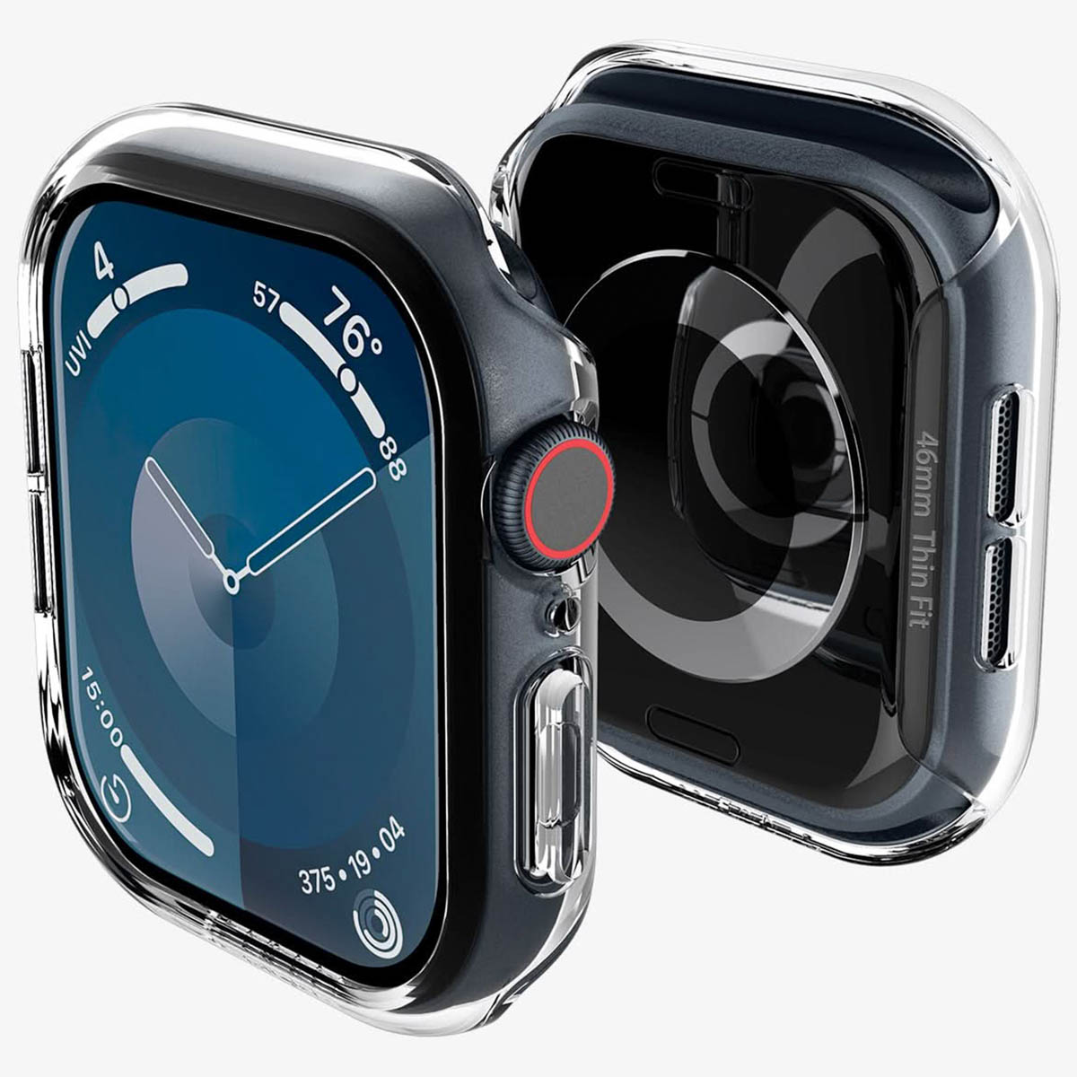 Apple Watch w przezroczystym etui ochronnym. Tarcza zegarka wyświetla informacje. Widoczne dwa etui.