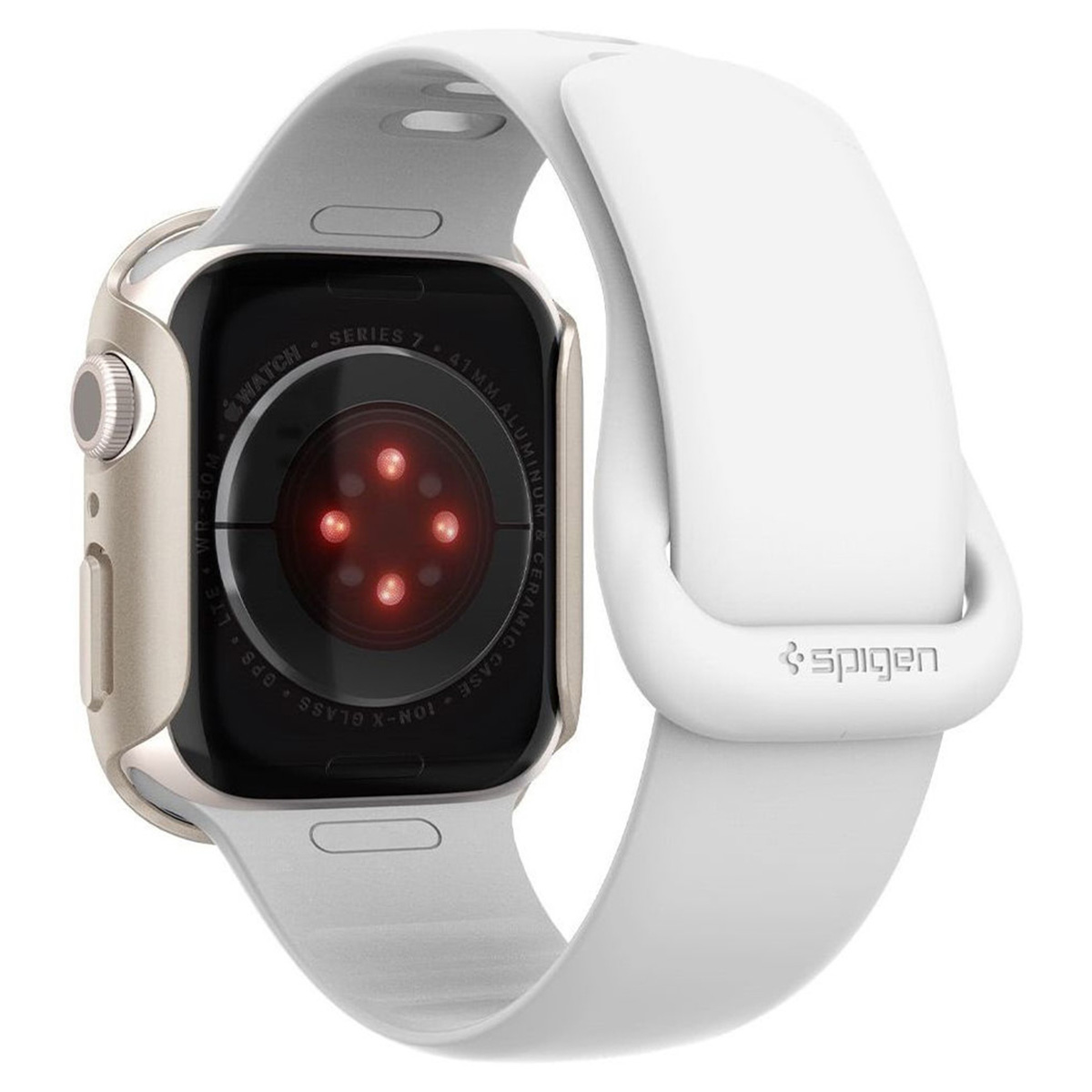 Apple Watch, white strap, gold case, back view, with sensors visible.