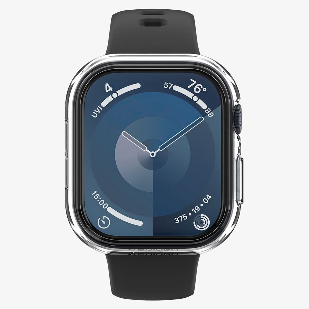 Apple Watch z przezroczystym etui ochronnym, pokazujący tarczę z czarnym paskiem.