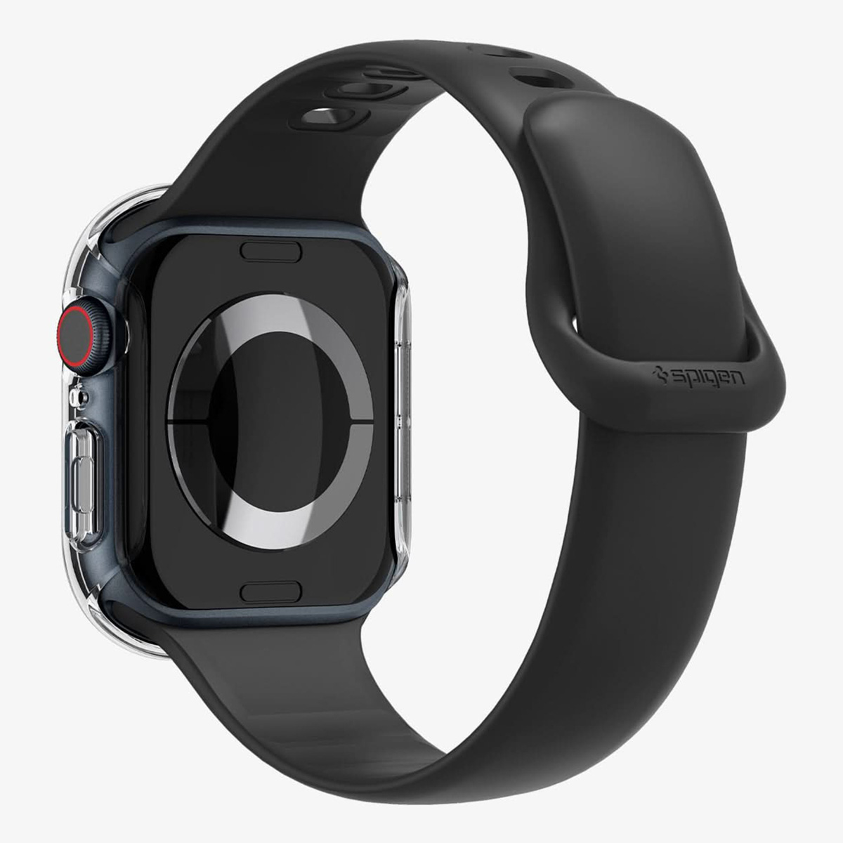 Czarny Apple Watch z czarnym paskiem i niebieską obudową.