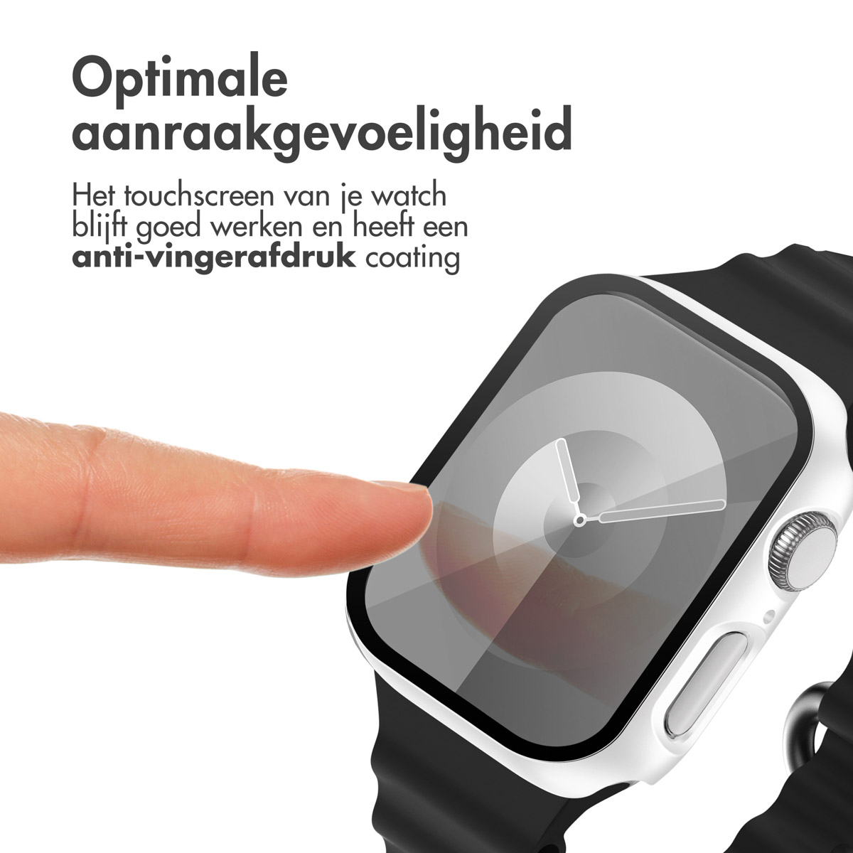 A hand touching a watch screen. The watch has a white case and a black strap. The screen is visible.