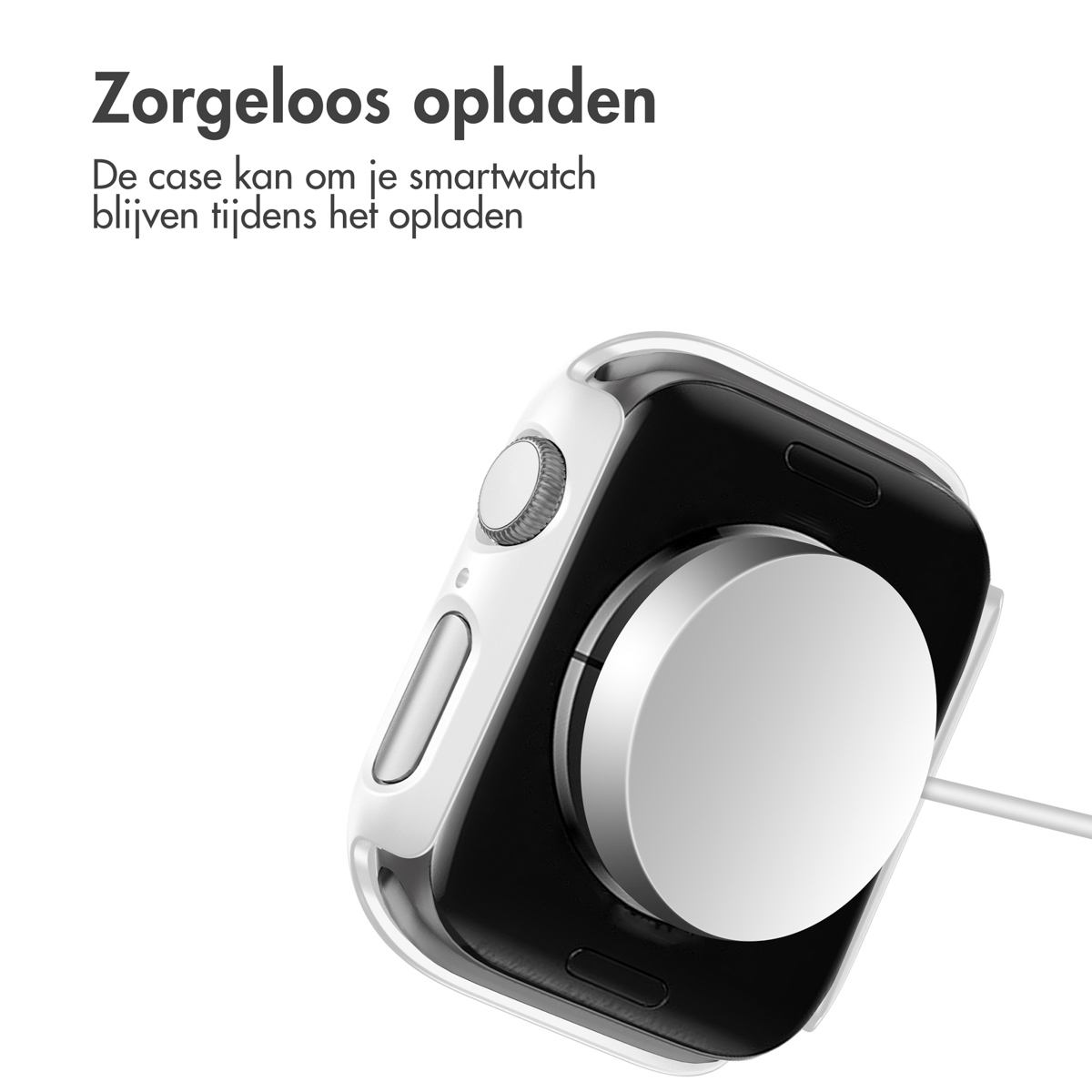 A smartwatch on a charging station. Text: Charging without worries.