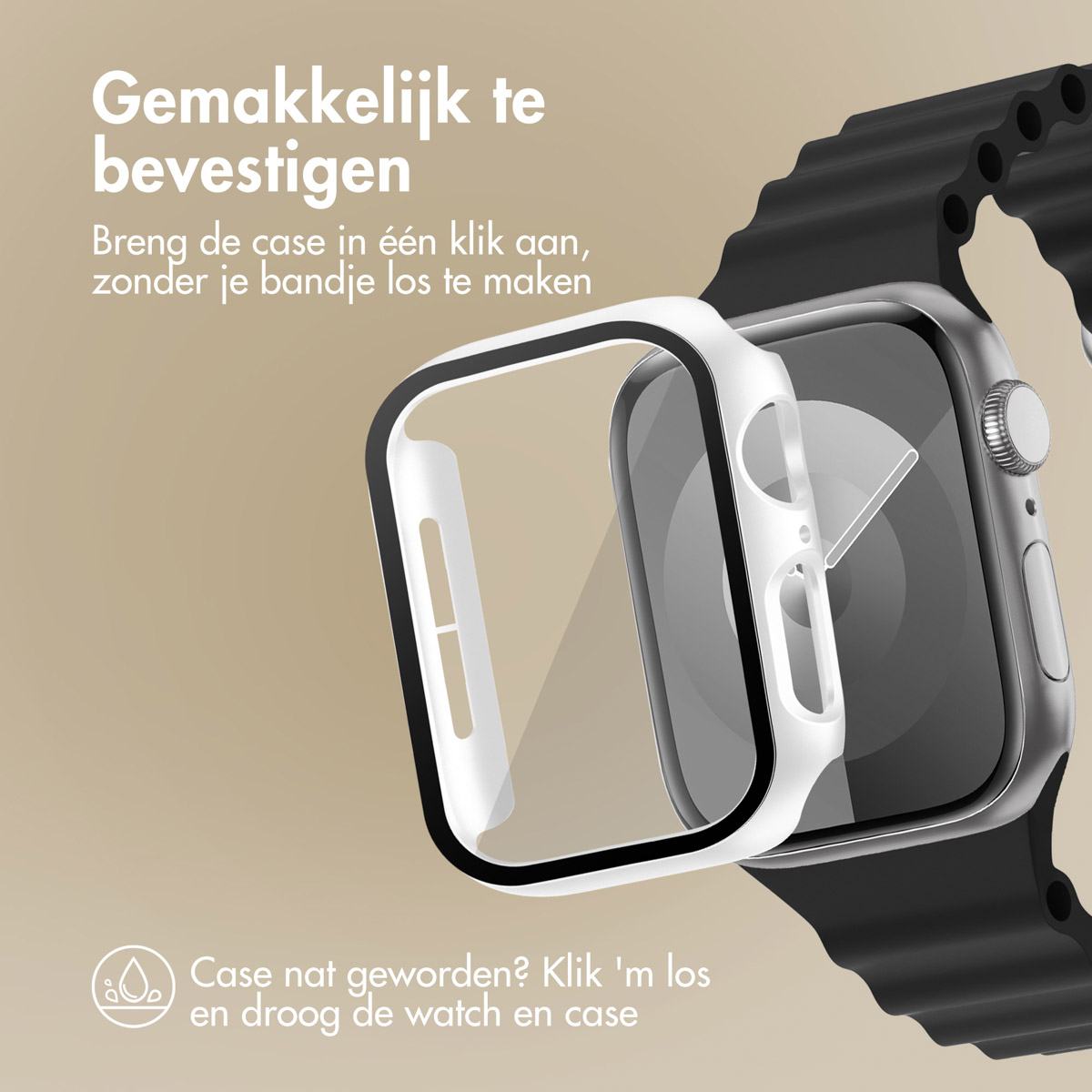 Smartwatch with a white case being attached. The case is clear, the band is black.
