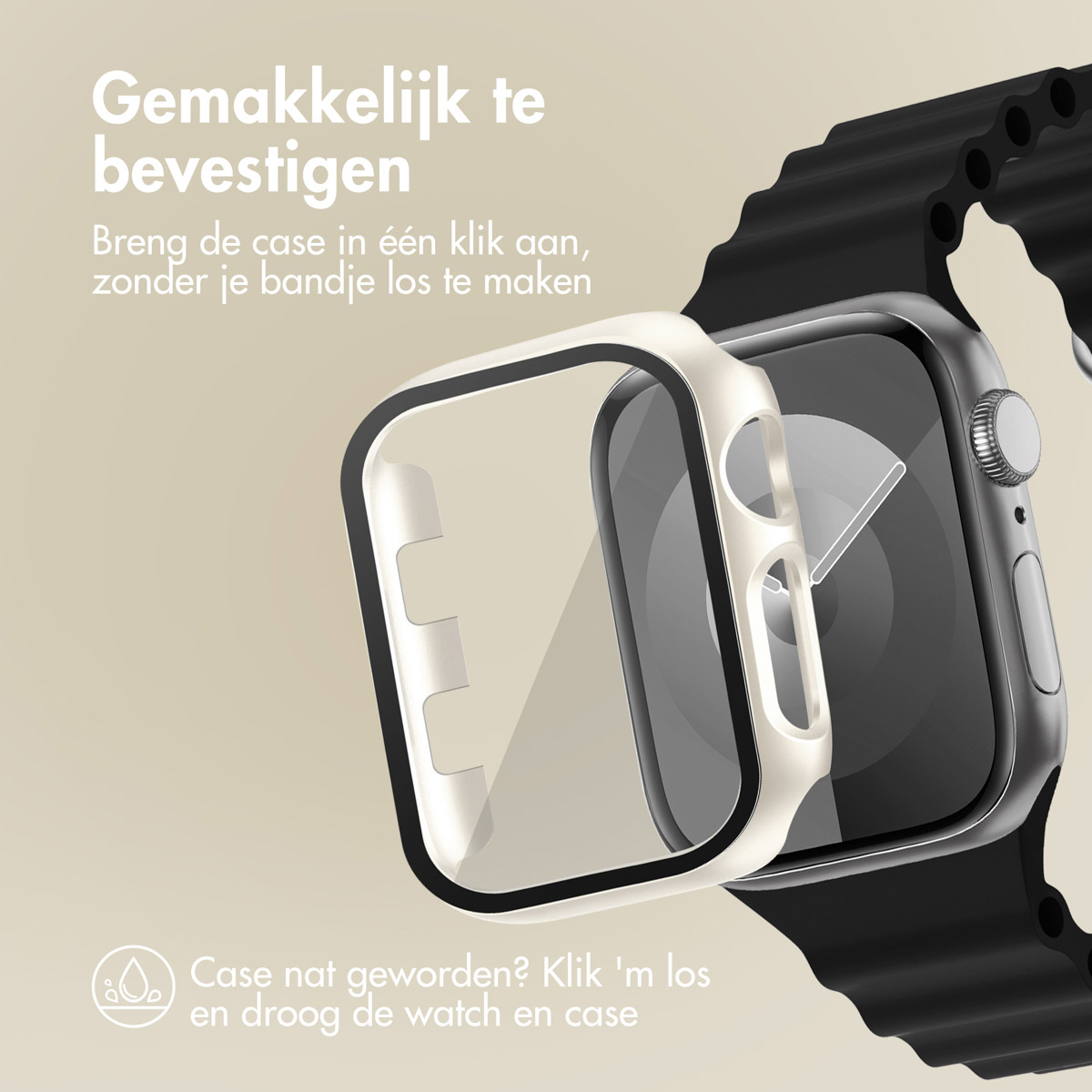A smartwatch with a case being installed. Text: Easy to install.