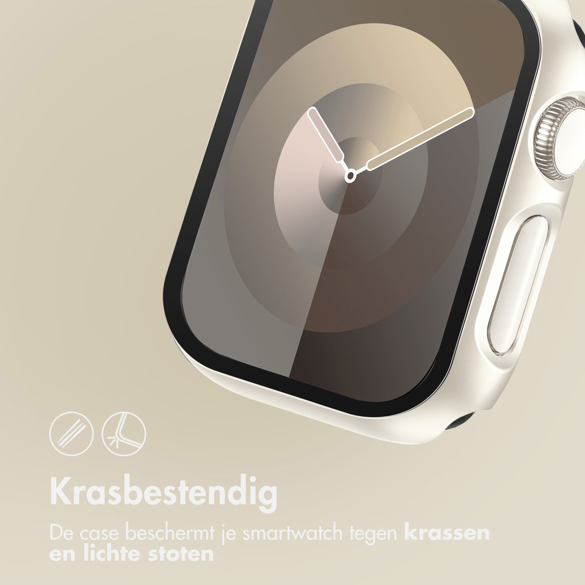 Close-up of a watch screen with a white case. The watch has a black screen and a white case.