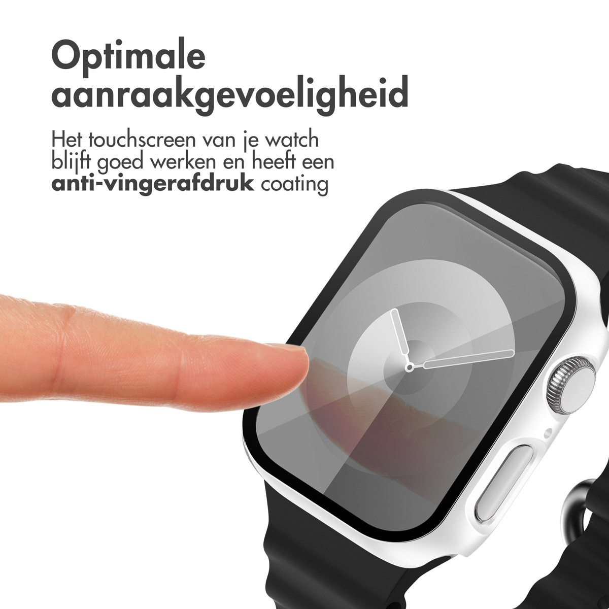 A finger touching a smartwatch screen covered by a screen protector. Text about fingerprint resistance.