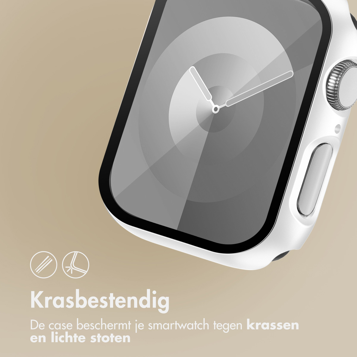 Apple Watch with a white case on a beige background.