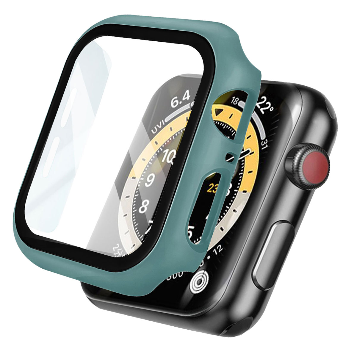 Apple Watch with green case and transparent screen protector, angled view.