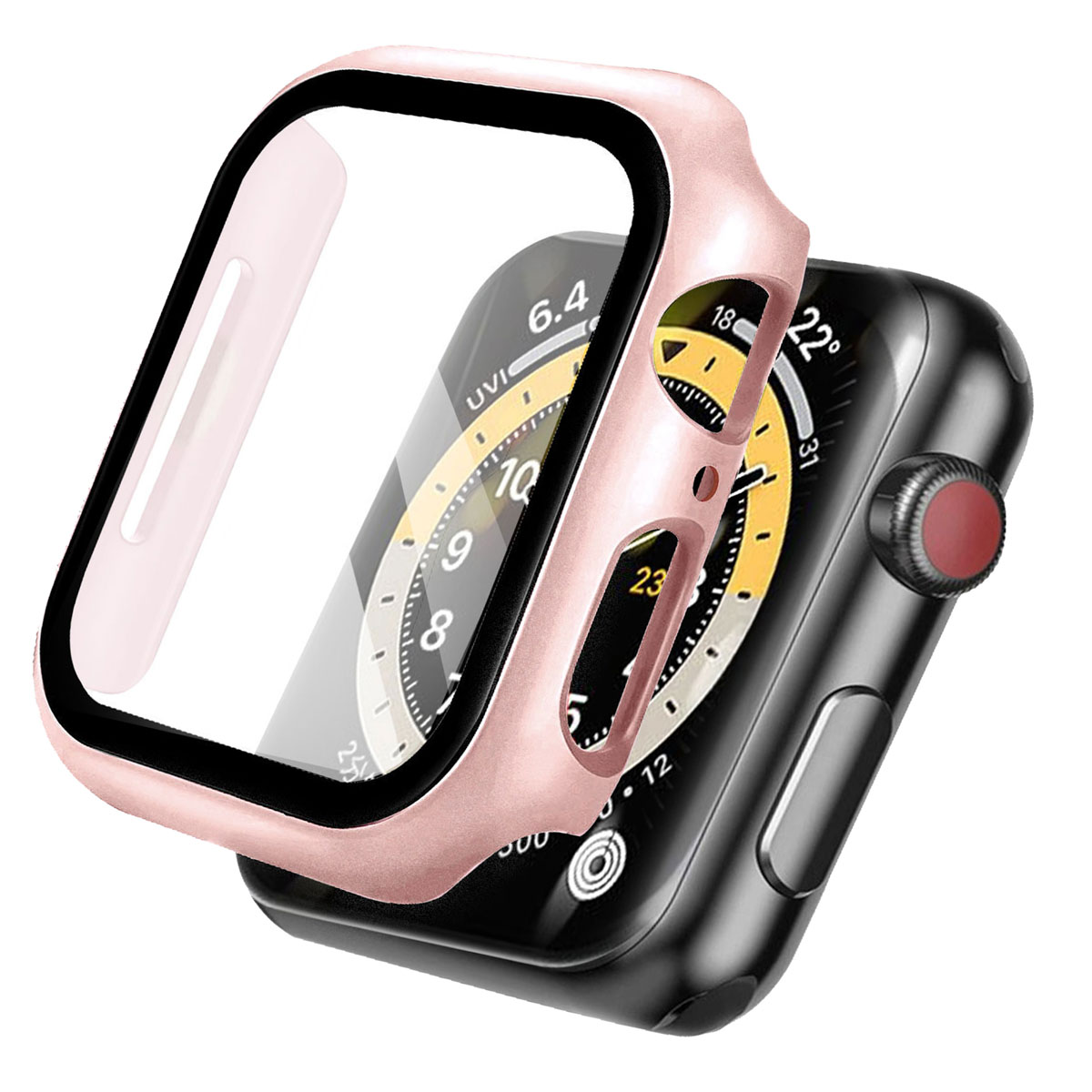 Pink watch case on a black watch. The watch face is visible.