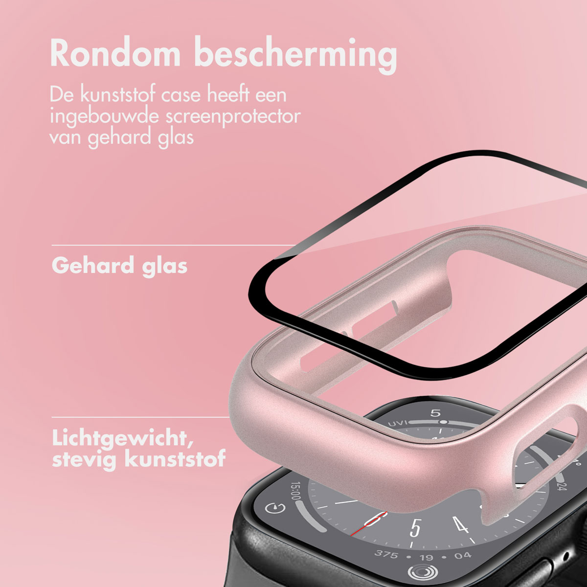 Pink watch case with glass screen protector. Black watch.