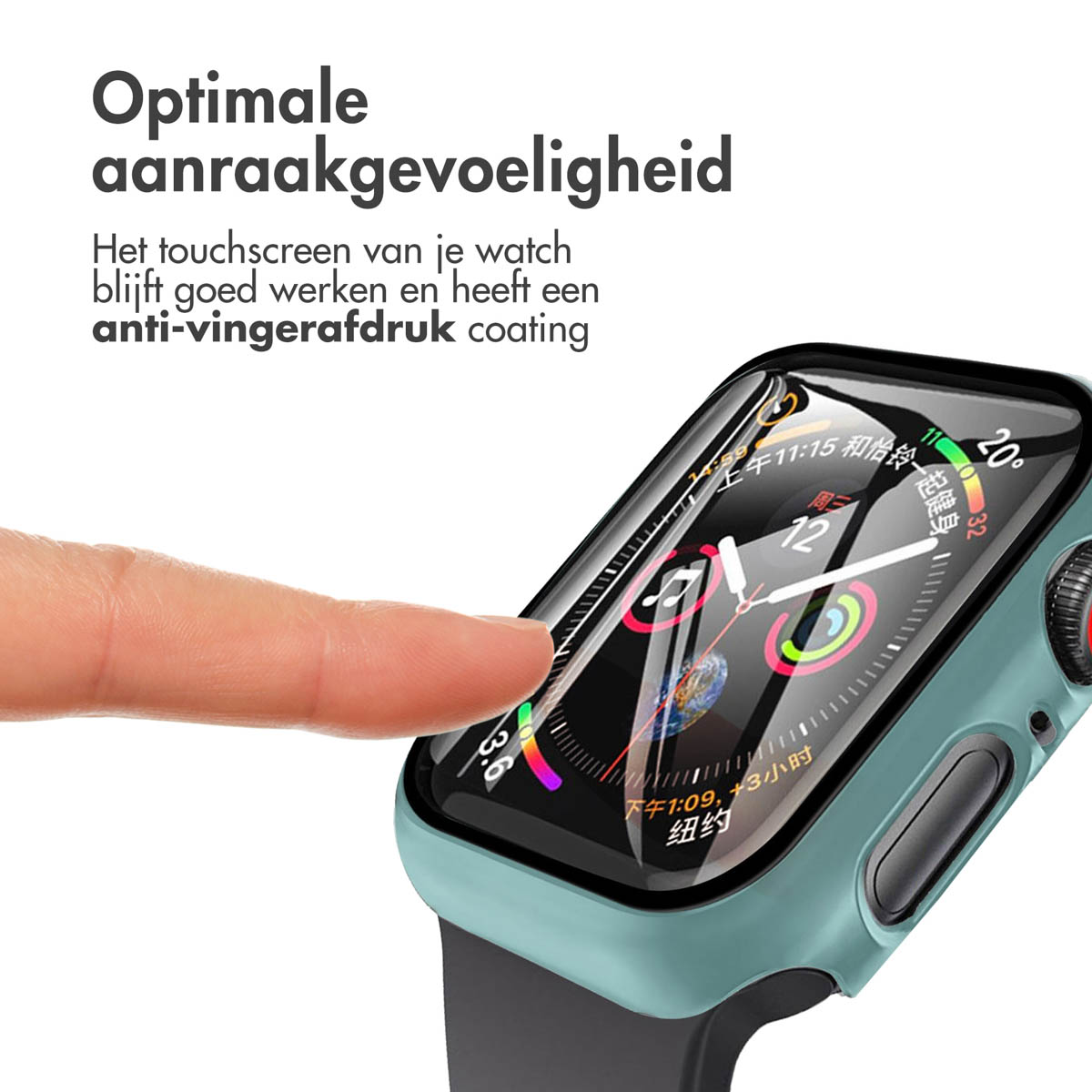 A finger touches the watch screen. The watch has a blue case and a black strap.