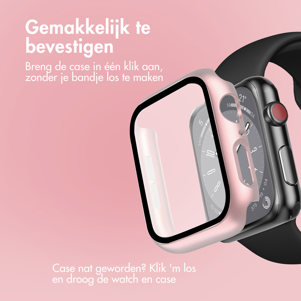 Watch with a pink case. The screen is visible.
