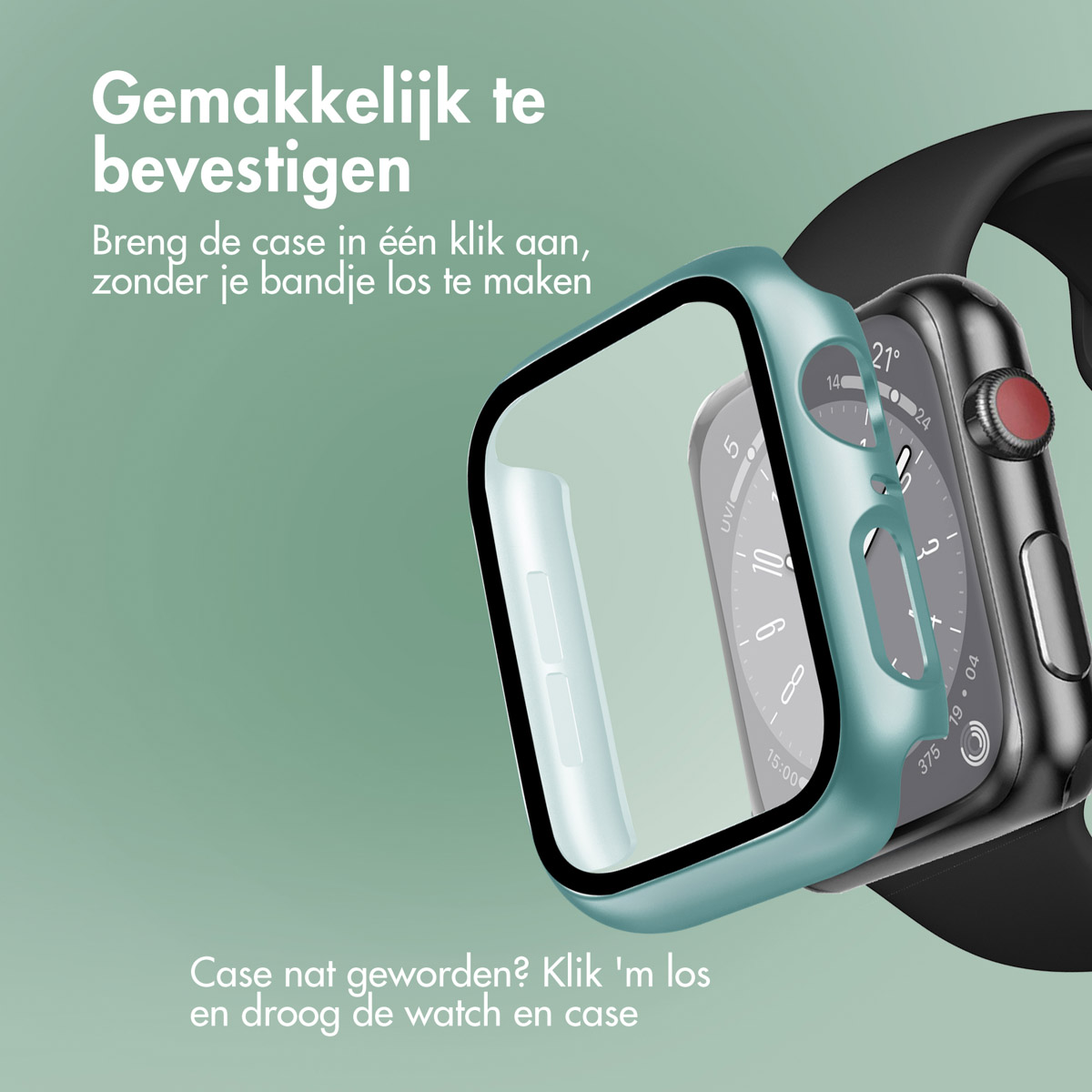 Apple Watch with a teal case being installed. Text: Easy to install. Case wet? Click off.