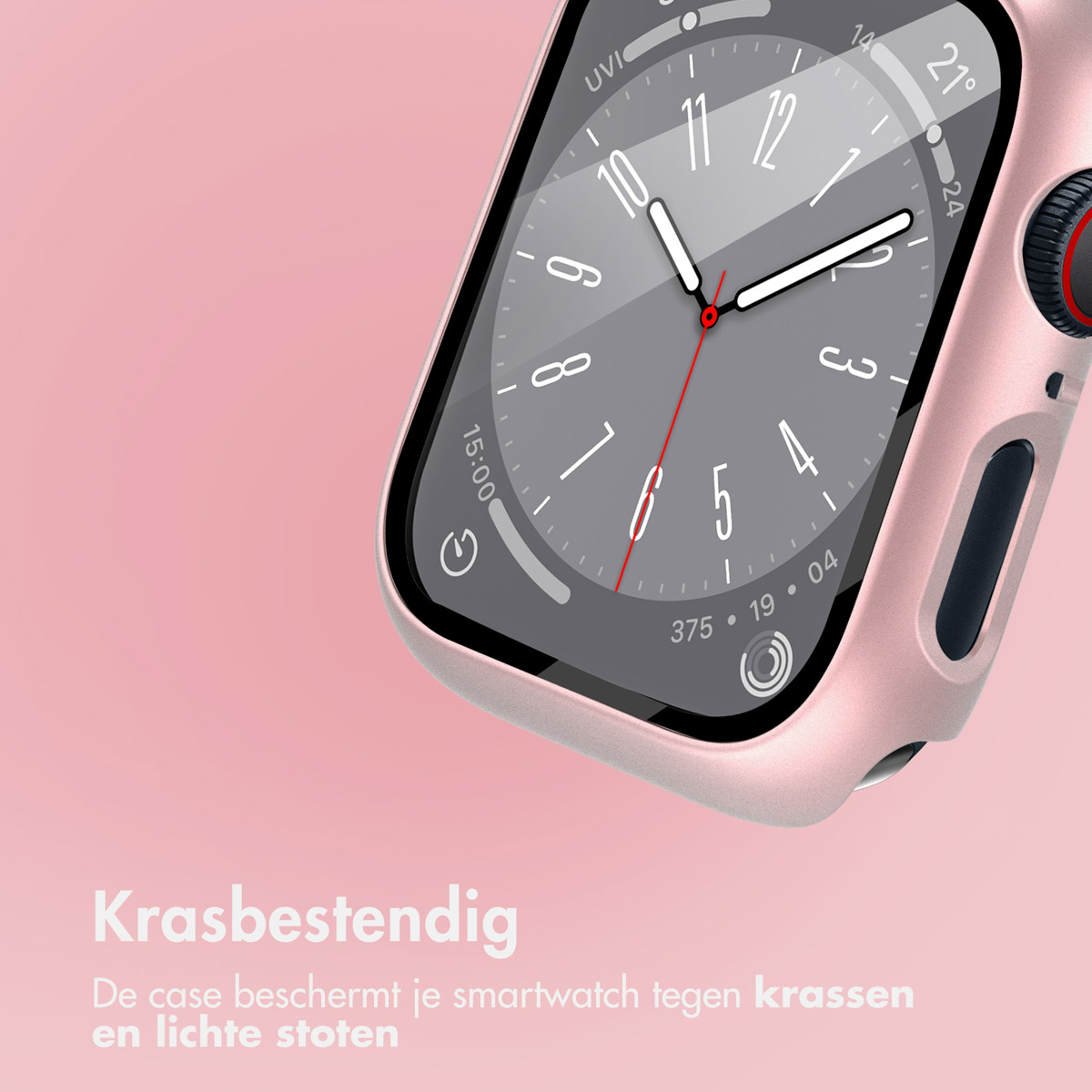 Apple Watch with a pink case, close up on screen.
