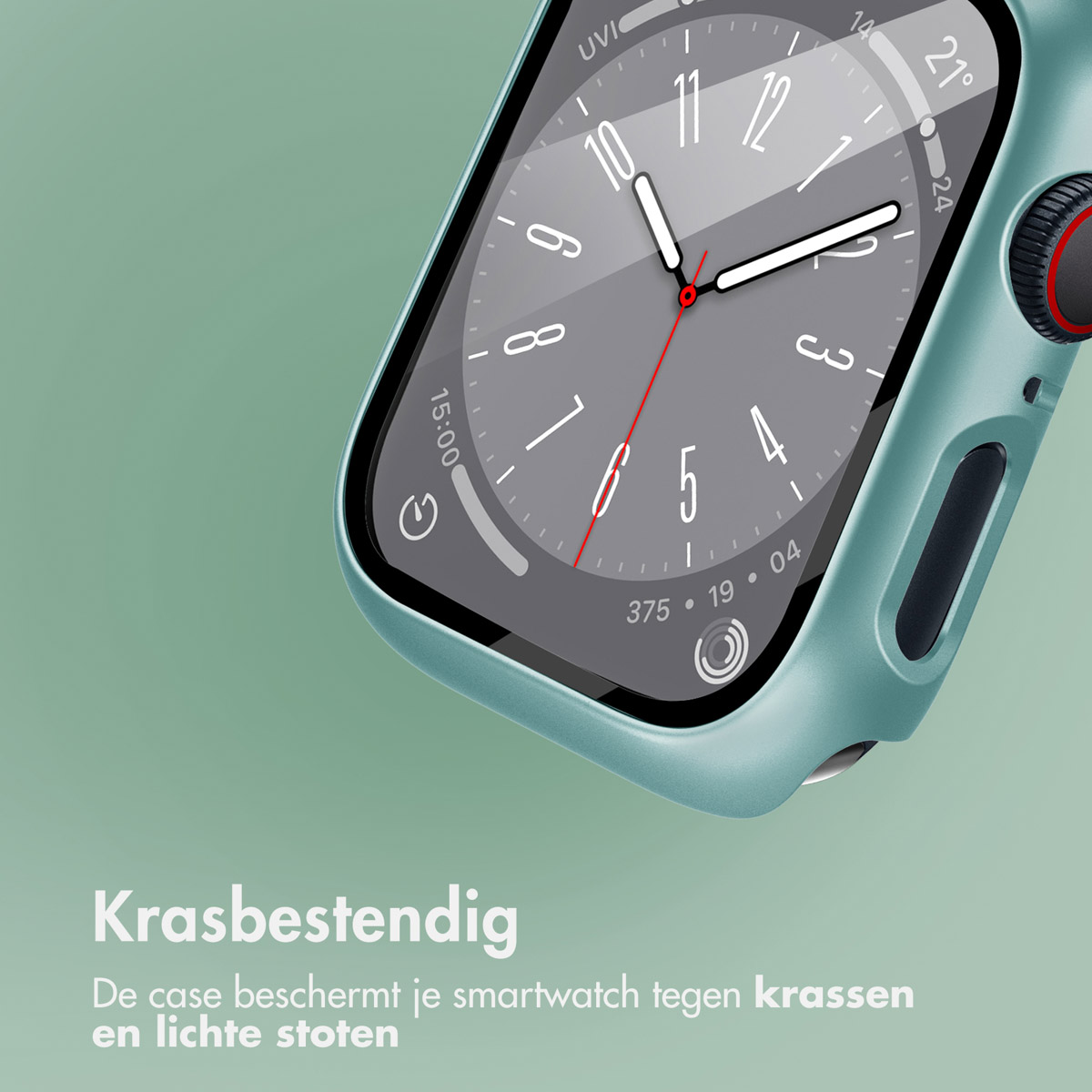 A teal smartwatch with a teal case. Text: Scratch resistant.