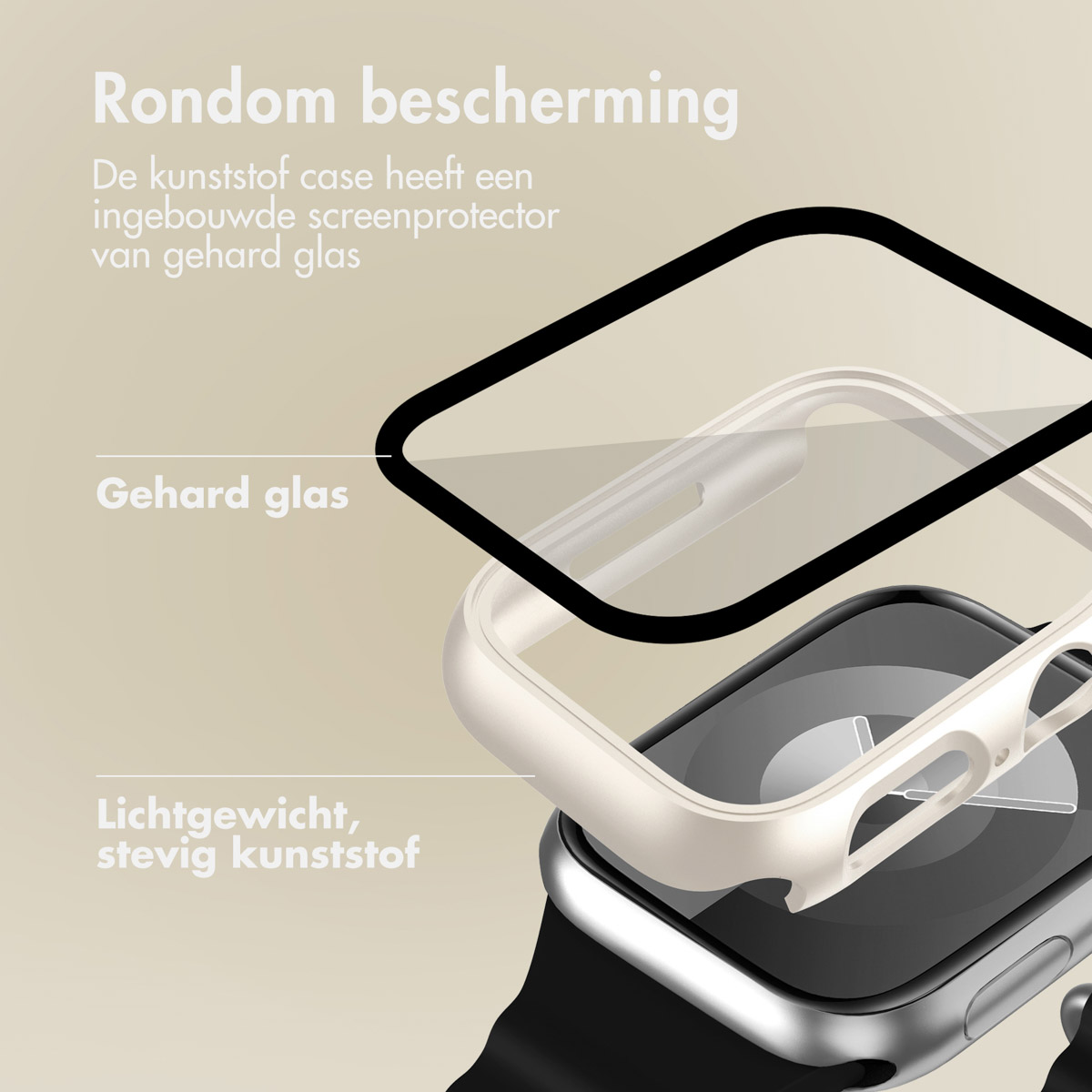 Apple Watch case with protective layers: glass, white frame, and watch body.