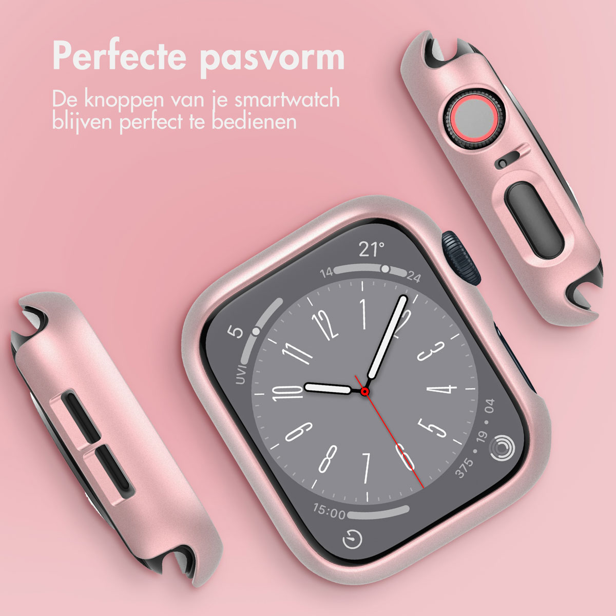 Pink Apple watch with pink protective cases. Parts of the watch are separated and visible.