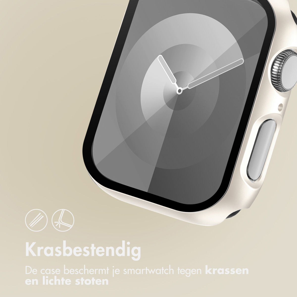 Close up of a smartwatch in a gold case. The case protects the watch face.