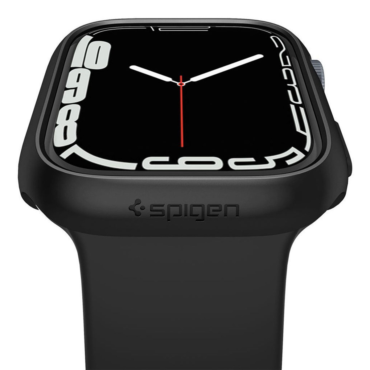 Czarny smartwatch z czarnym paskiem. Tarcza zegarka włączona, widoczne logo.