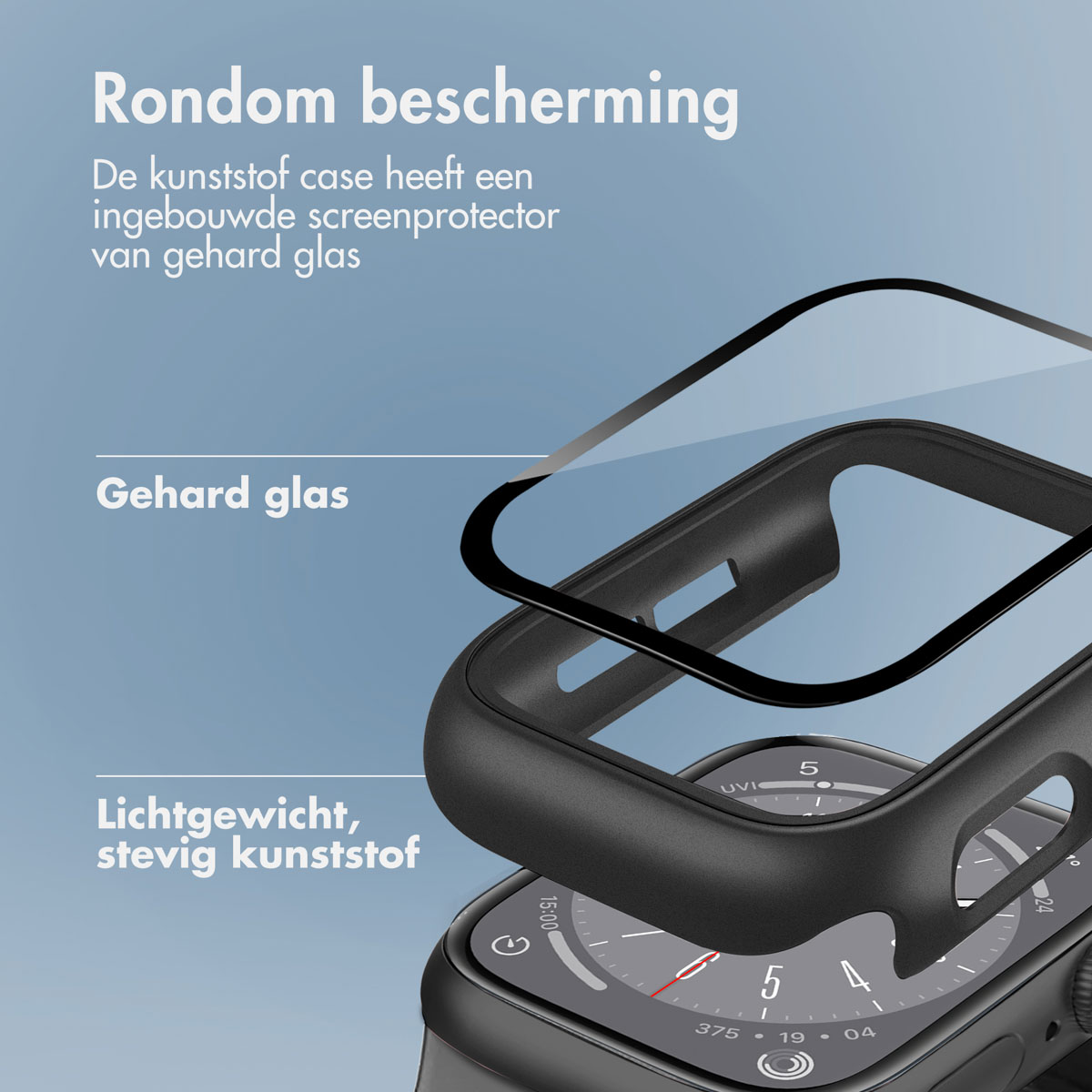 Watch case components with text labels: 'Rondom bescherming', 'Gehard glas', and 'Lichtgewicht'. Watch face visible.