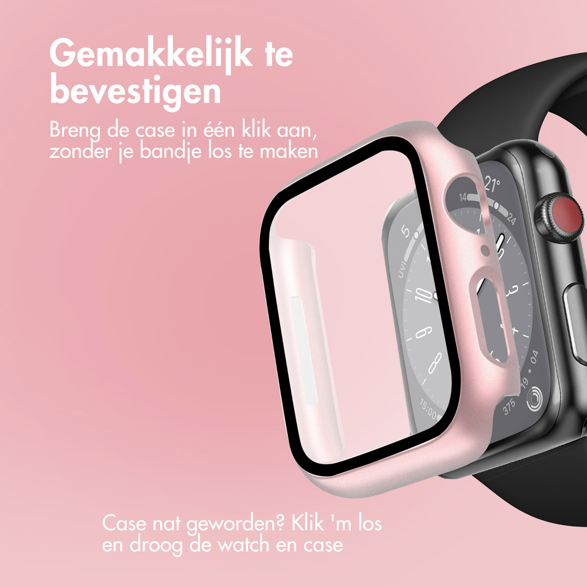 Pink Apple watch case being applied to the watch.