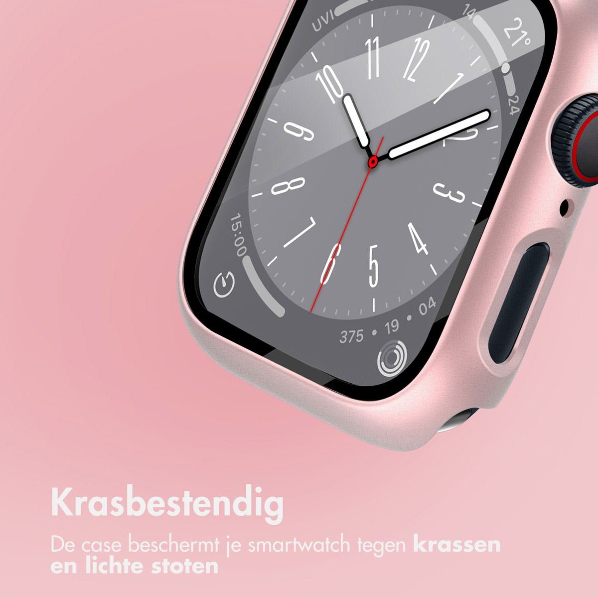 Close up of the smartwatch with a pink case. The watch face is shown.