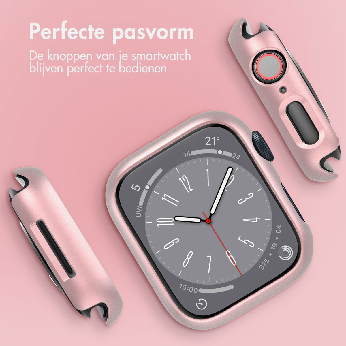 Pink watch case parts. Watch face shows the time.