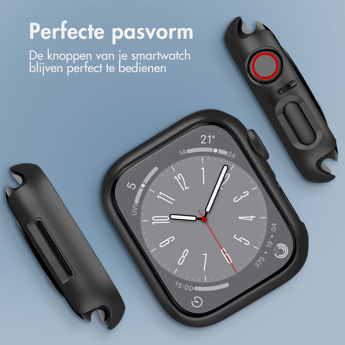Black smartwatch parts. The smartwatch shows the time. The case has a red button.