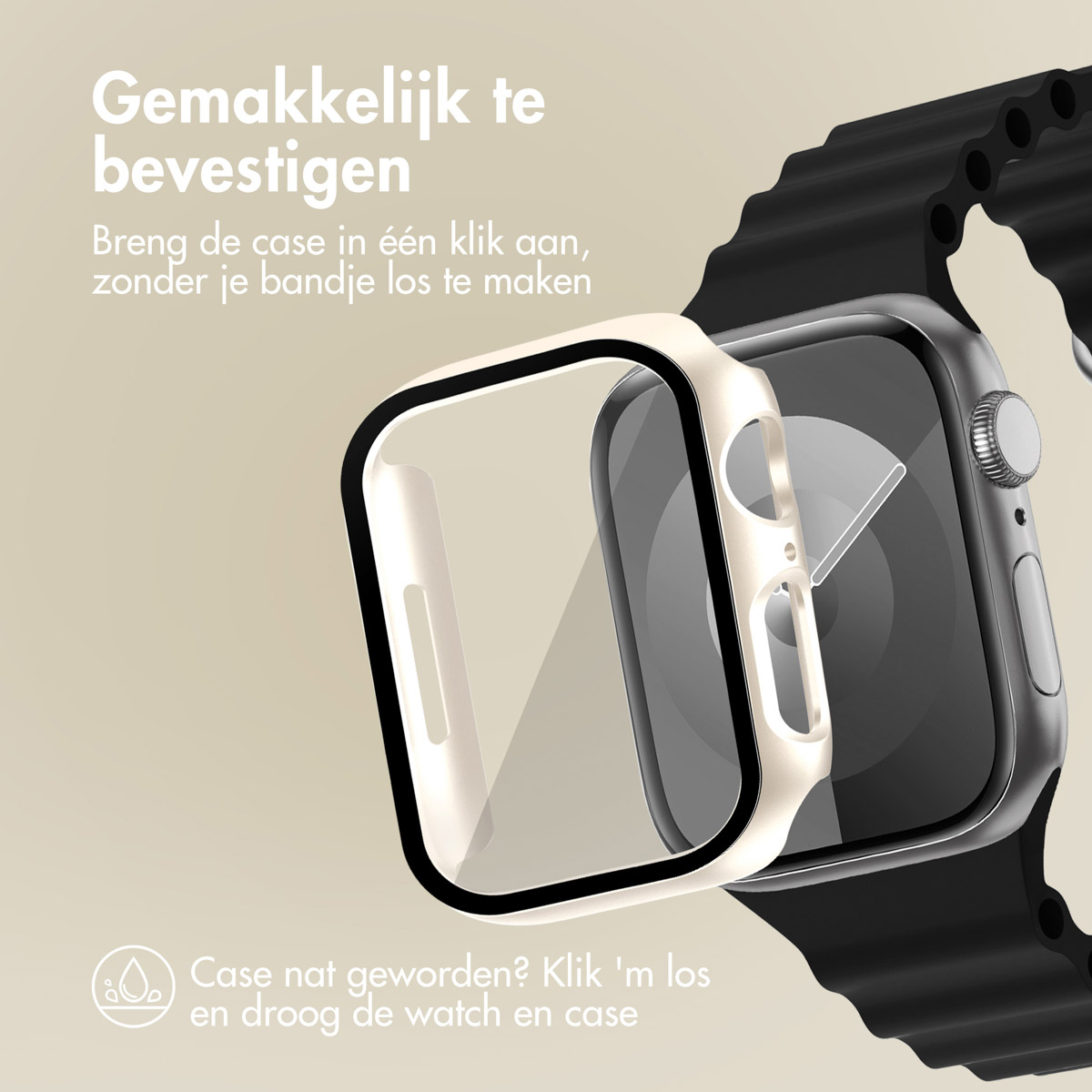 Apple Watch being fitted with a protective case, black band, blue background.