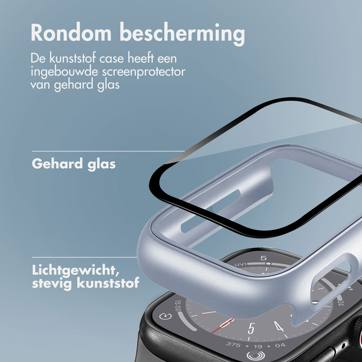 Watch case components with text labels: 'Rondom bescherming', 'Gehard glas', and 'Lichtgewicht'. Watch face visible.