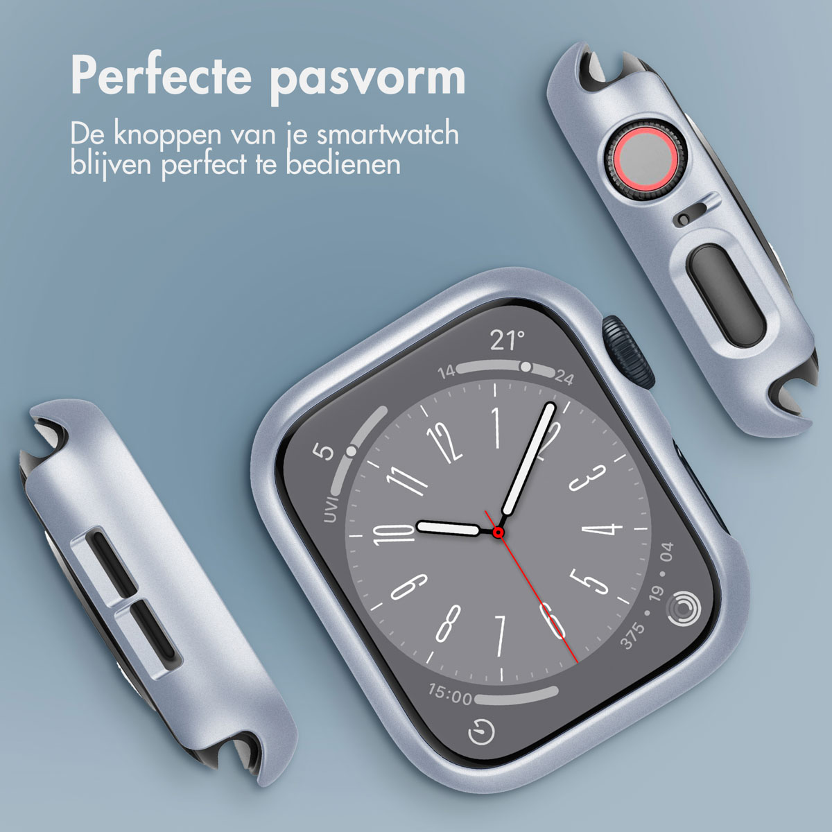 Apple Watch and accessories with text: 'Perfect fit'. The watch is gray, showing a watch face.