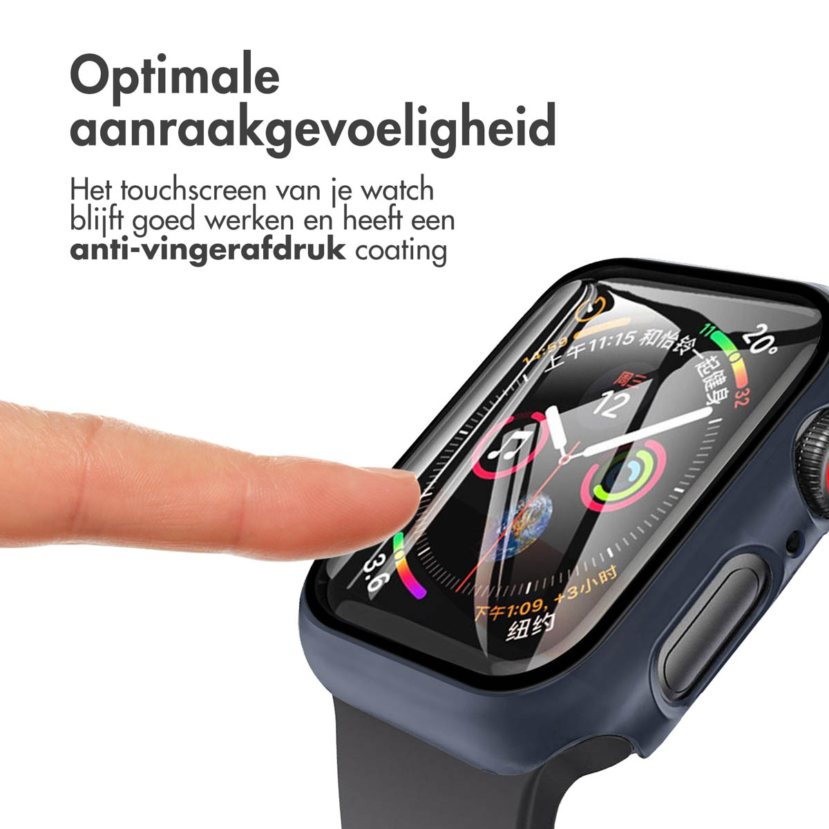 A finger touching an Apple watch with a protective case on the screen. The watch is on a black band.