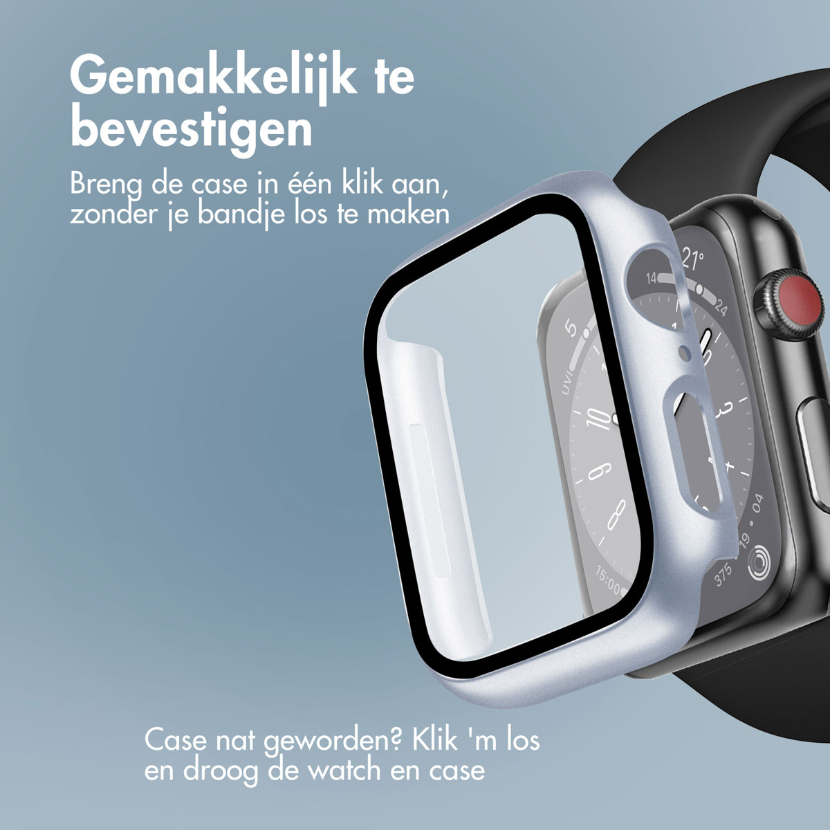 A watch with a case being attached. The case is silver, the watch is black, and the strap is black.