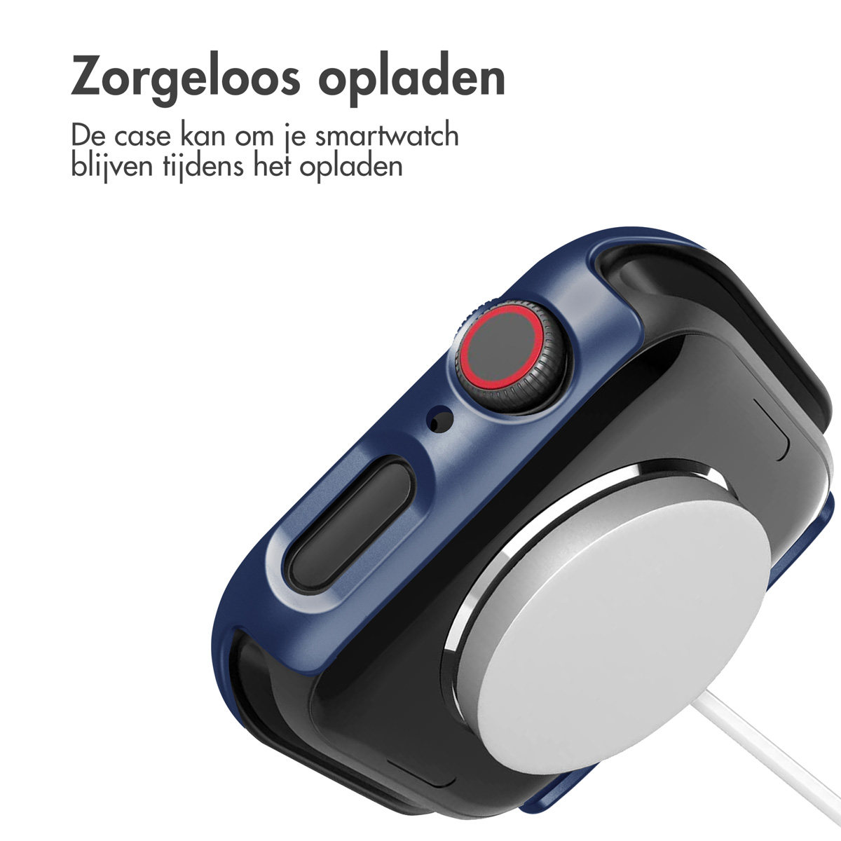 Blue watch case on a charger. The watch is black, charger is white. Text is in Dutch.