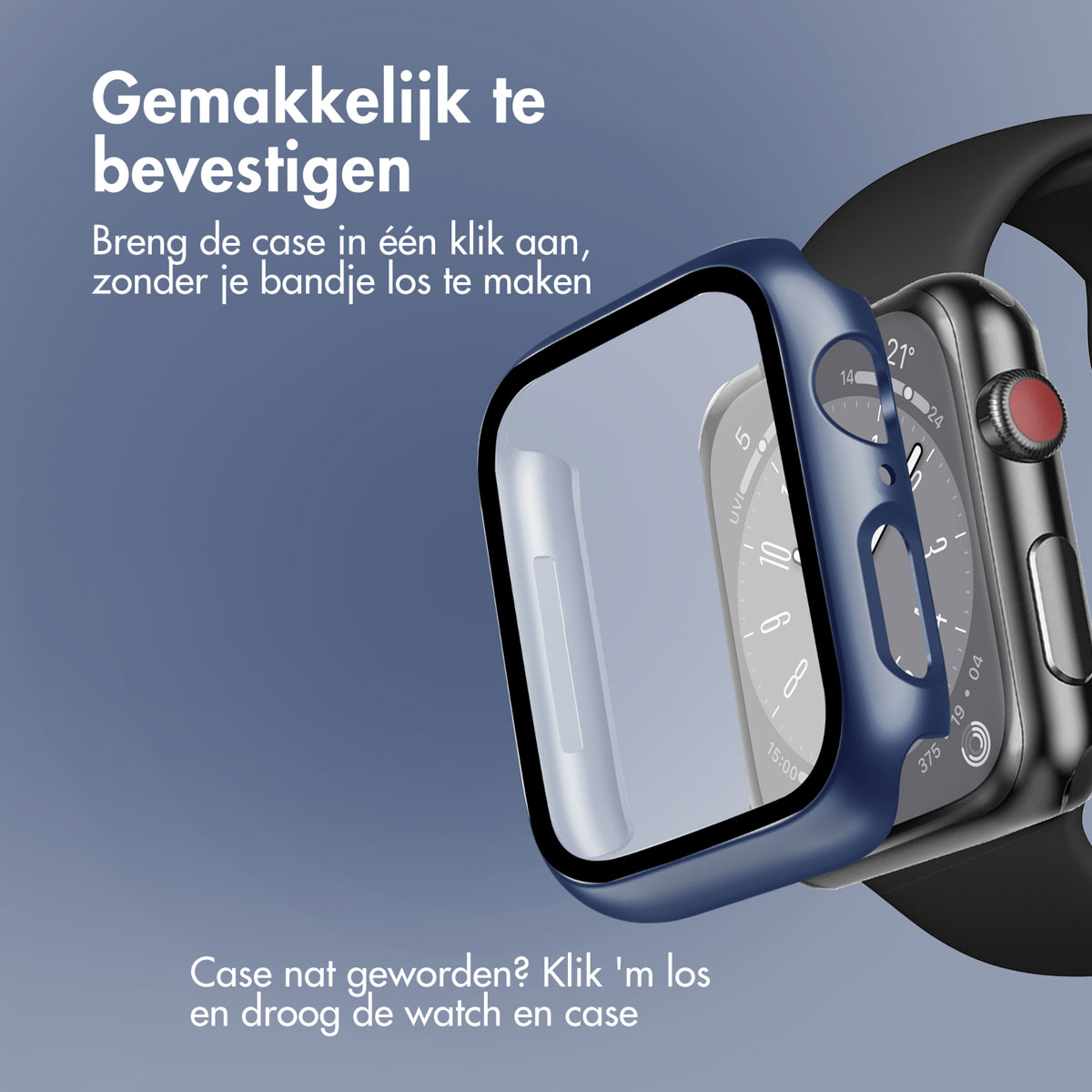 Smartwatch with a blue protective case being installed. Text: 'Gemakkelijk te bevestigen' in the image.