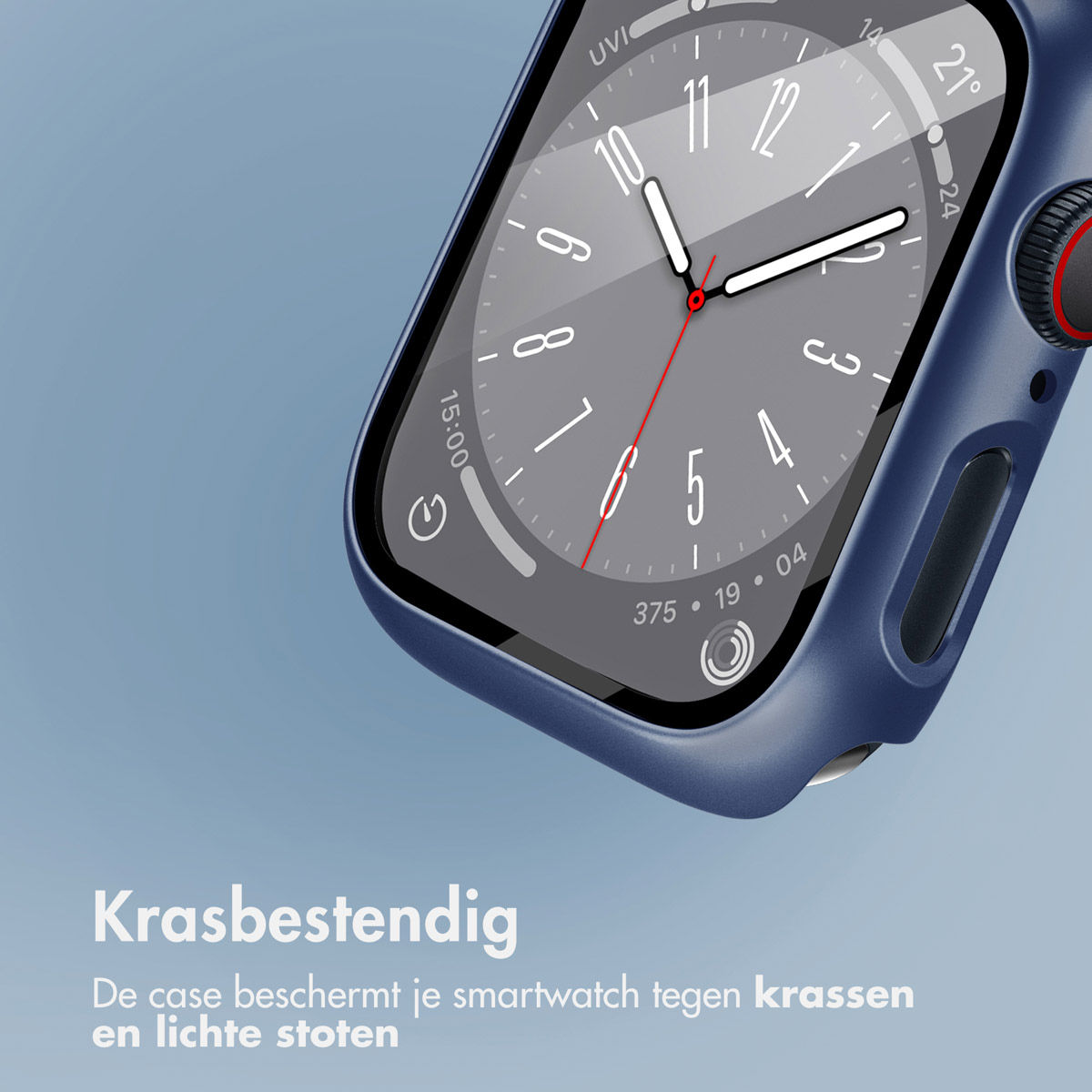 Apple Watch with a blue case, close-up screen view.