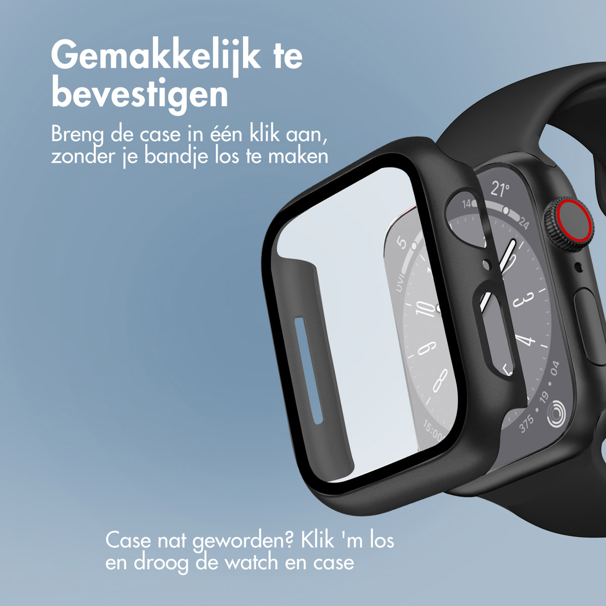 Black Apple Watch with case. Text in Dutch: Easy to attach.