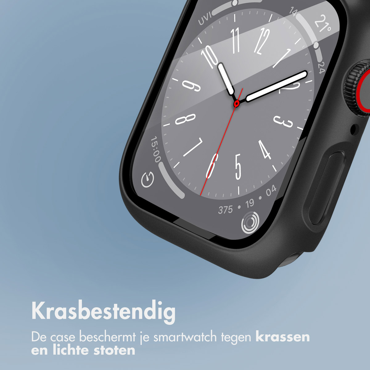 Black smartwatch case with a black smartwatch showing the time.