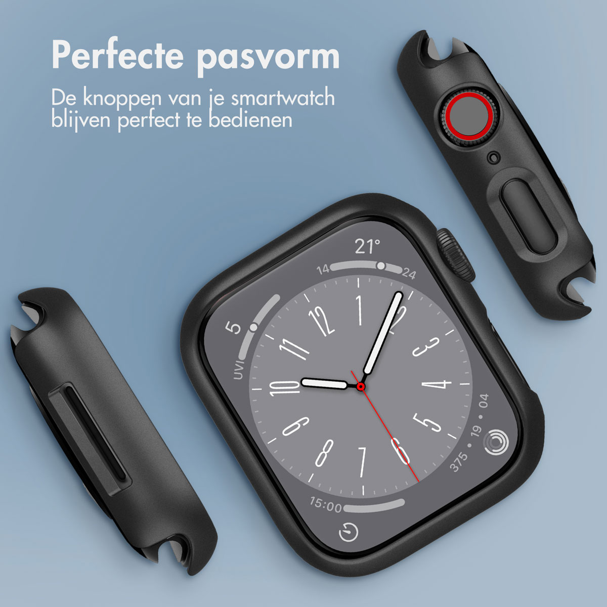 Black smartwatch parts. The smartwatch shows the time. The case has a red button.